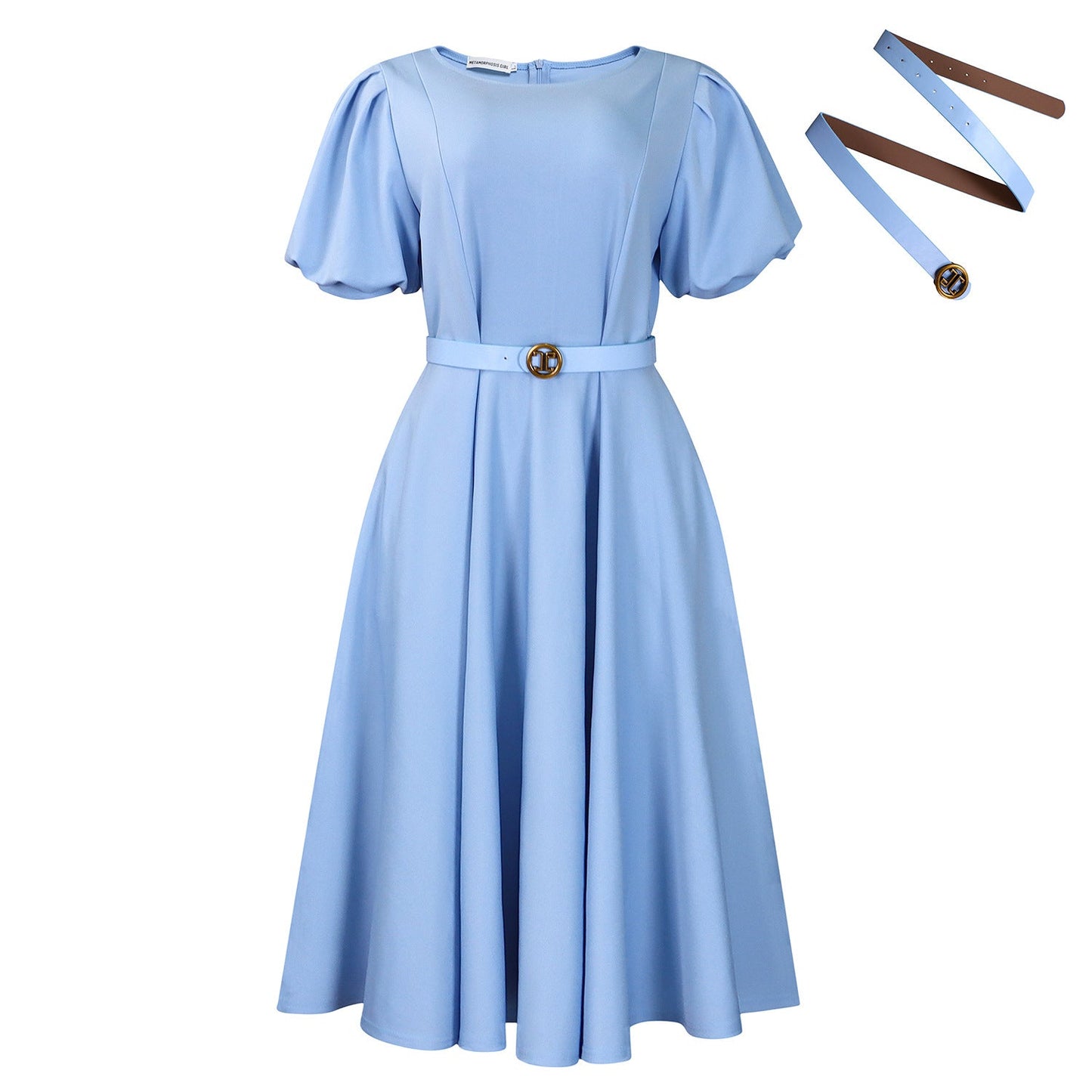 Women Clothing round Neck Puff Sleeve High Waist Dress