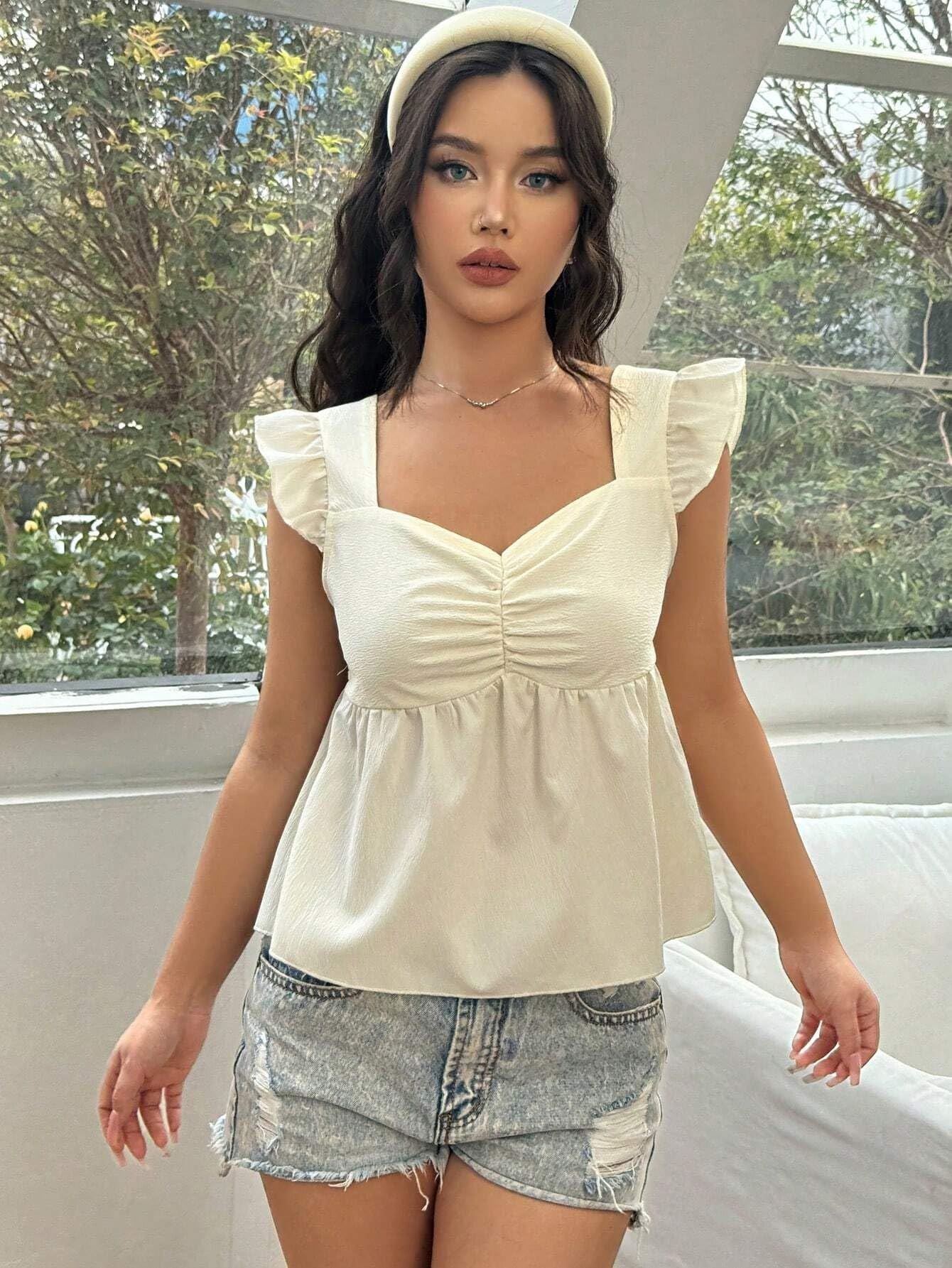 Sexy Ruffled Short Flounced Sleeve Top High Grade Slimming Exquisite off Shoulder Square Collar Loose French Top
