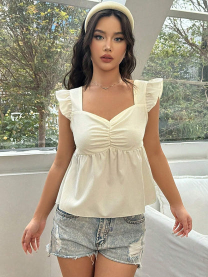 Sexy Ruffled Short Flounced Sleeve Top High Grade Slimming Exquisite off Shoulder Square Collar Loose French Top