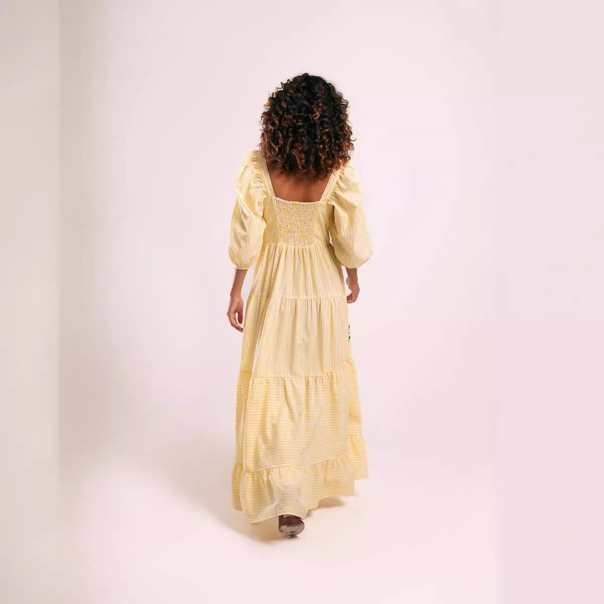 Autumn Puff Sleeve Embroidered Square Collar Swing Maxi Dress Beach Holiday Dress Women