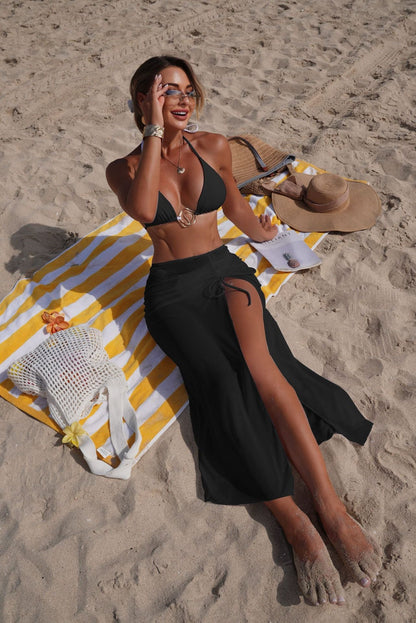 Solid Color Beach Sun Protection Tulle Skirt Sexy Three Piece Set Bikini Split Swimsuit