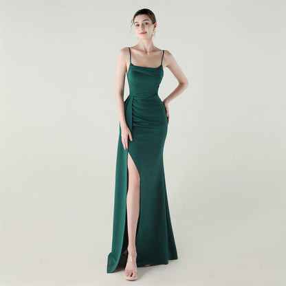 Camisole Tube Top Satin Pleated Fishtail High Slit Evening Dress Elegant Slim Dress for Dinner Ceremony
