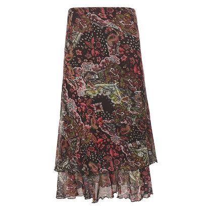 Retro Ethnic Print Wooden Ear Mesh Skirt Summer Niche Artistic Sense Vacation Sheath Skirt Women