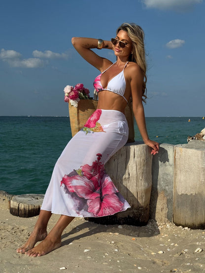 Printed Large Floral Three Piece Set Mesh Maxi Dress Sexy Bikini Bikini