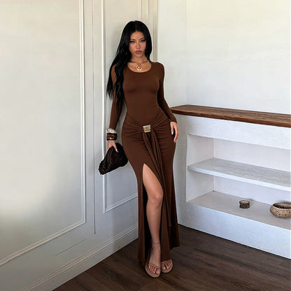 Metal Buckle Lace up Waist-Controlled Split Slimming Sexy Formal Dress Long Sleeve Dress