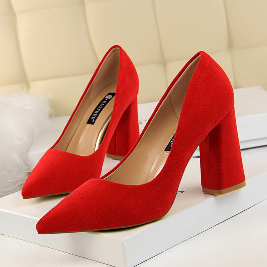 Simple Thick Heel High Heel Suede Shallow Mouth Pointed Toe Business Office Skinny Women Shoes High Heels Pumps