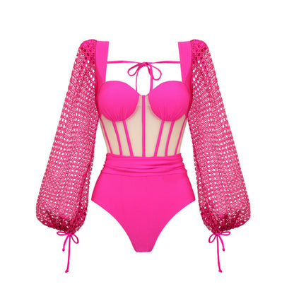 Hollow Out Cutout out Long Sleeve Two Piece Swimsuit Women High Waist Bikini