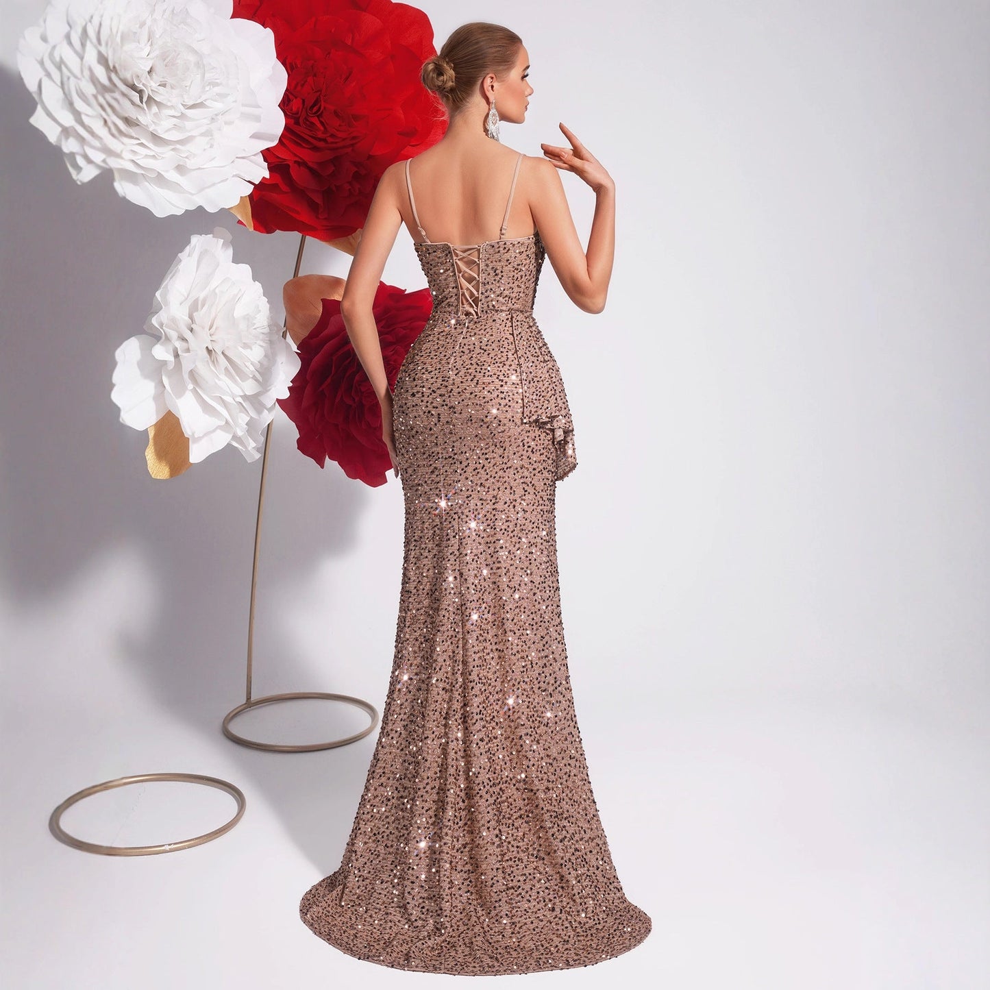 Champagne Sequin Sling Evening Dress Slim Fit Slit Cocktail Host Annual Party Party Light Luxury Fishtail Dress