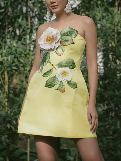 Summer Embroidery Three Dimensional Floral Sleeveless Tube Top Slimming Dress Women