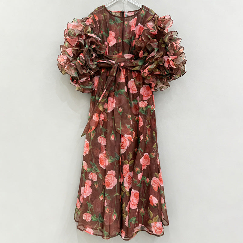 Retro Romantic Palace Rose Print Dress for Women round Neck Design Puff Sleeve Dress