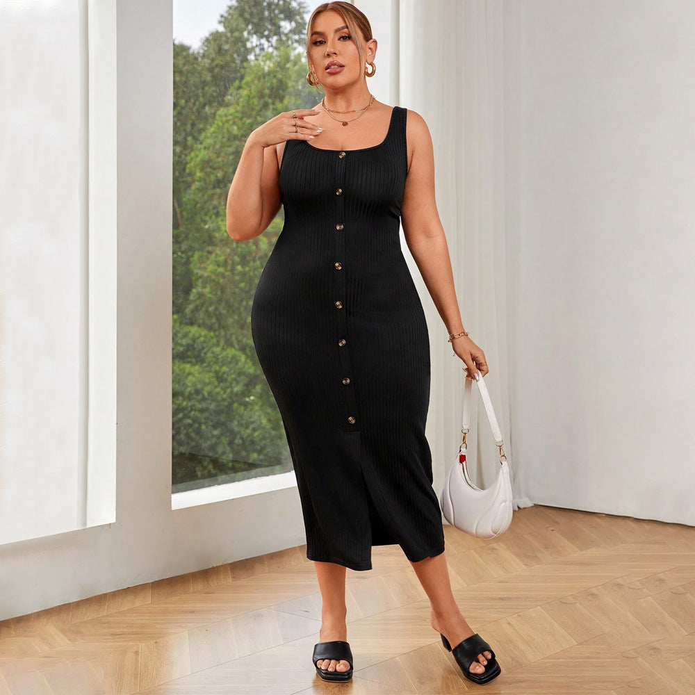 Plus Size Women Elegant Square Collar Dress Summer High Waist Solid Color Sling Hip Dress