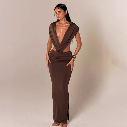 Women Clothing Summer Solid Color Casual Sleeveless Halter Backless Slim Fit Sheath Maxi Dress