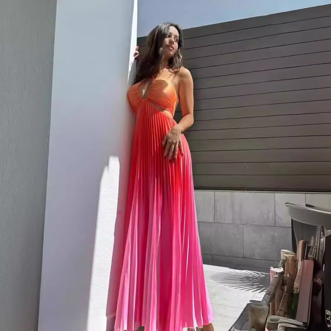 Personalized Summer Gradient Color Halter Pleated Long Women Dress
