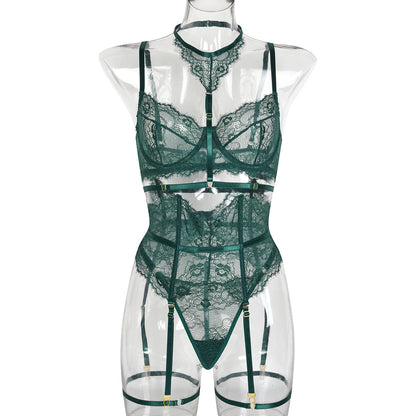 Sexy Three Piece Summer Lace Eyelash Lace Stitching with Halter Foot Ring