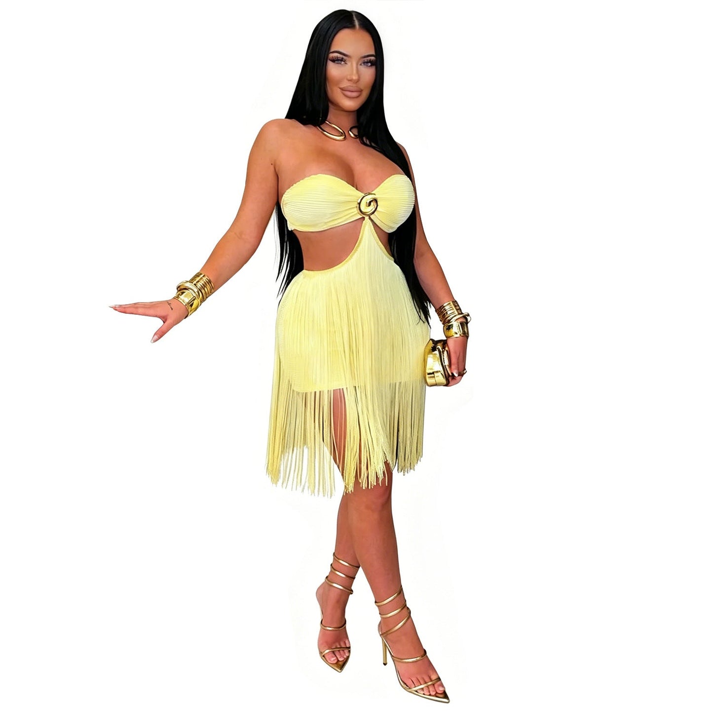 Women Tube Top Tassel Skirt Nightclub Party Dress