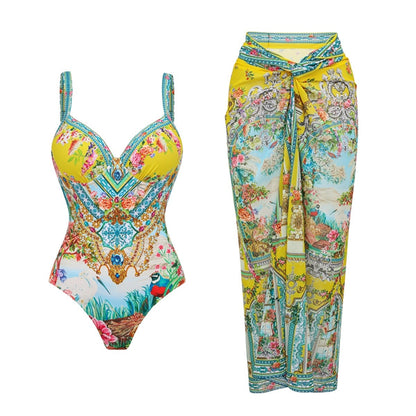 Swimsuit Bright Yellow Garden Print Vacation Swimsuit Women Long Skirt