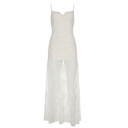 Women Clothing See through Lace Split Pleated Sling Elegant Dress Holiday Sheath Dress