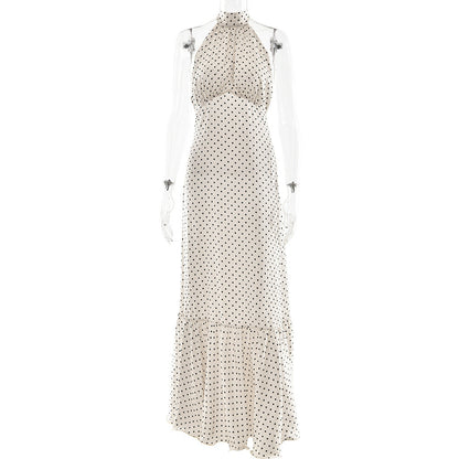 French Halter Polka Dot Satin Dress Sexy Elegant Backless Waist Trimming Dress