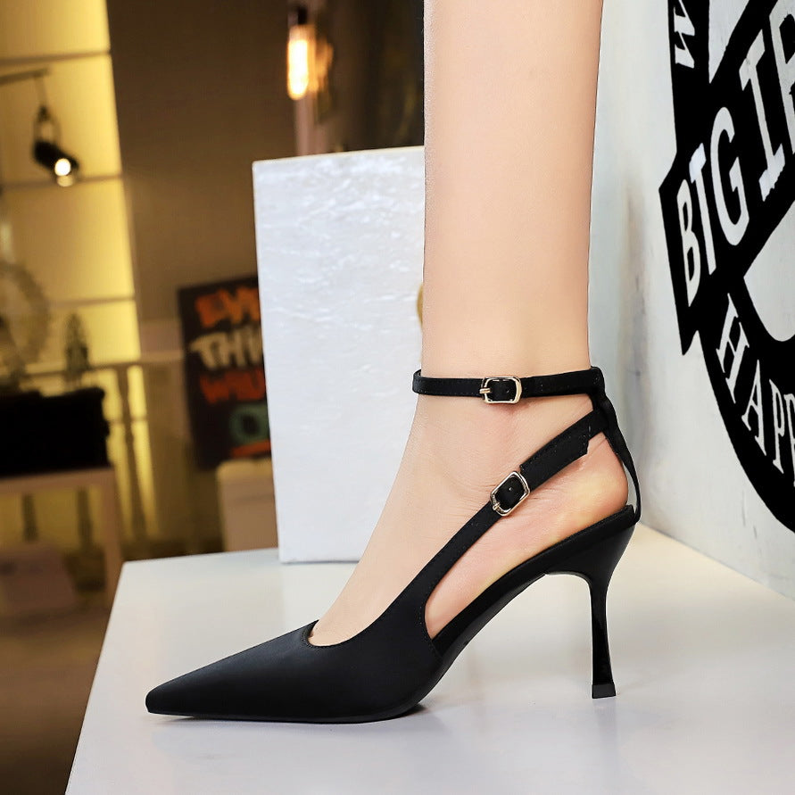 Sexy Leopard Print Stiletto Heels Women Pointed Toe Satin Hollow Out Cutout out Strap Classy Shoes