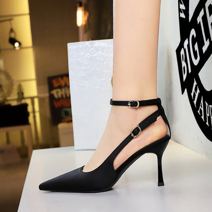 Sexy Leopard Print Stiletto Heels Women Pointed Toe Satin Hollow Out Cutout out Strap Classy Shoes