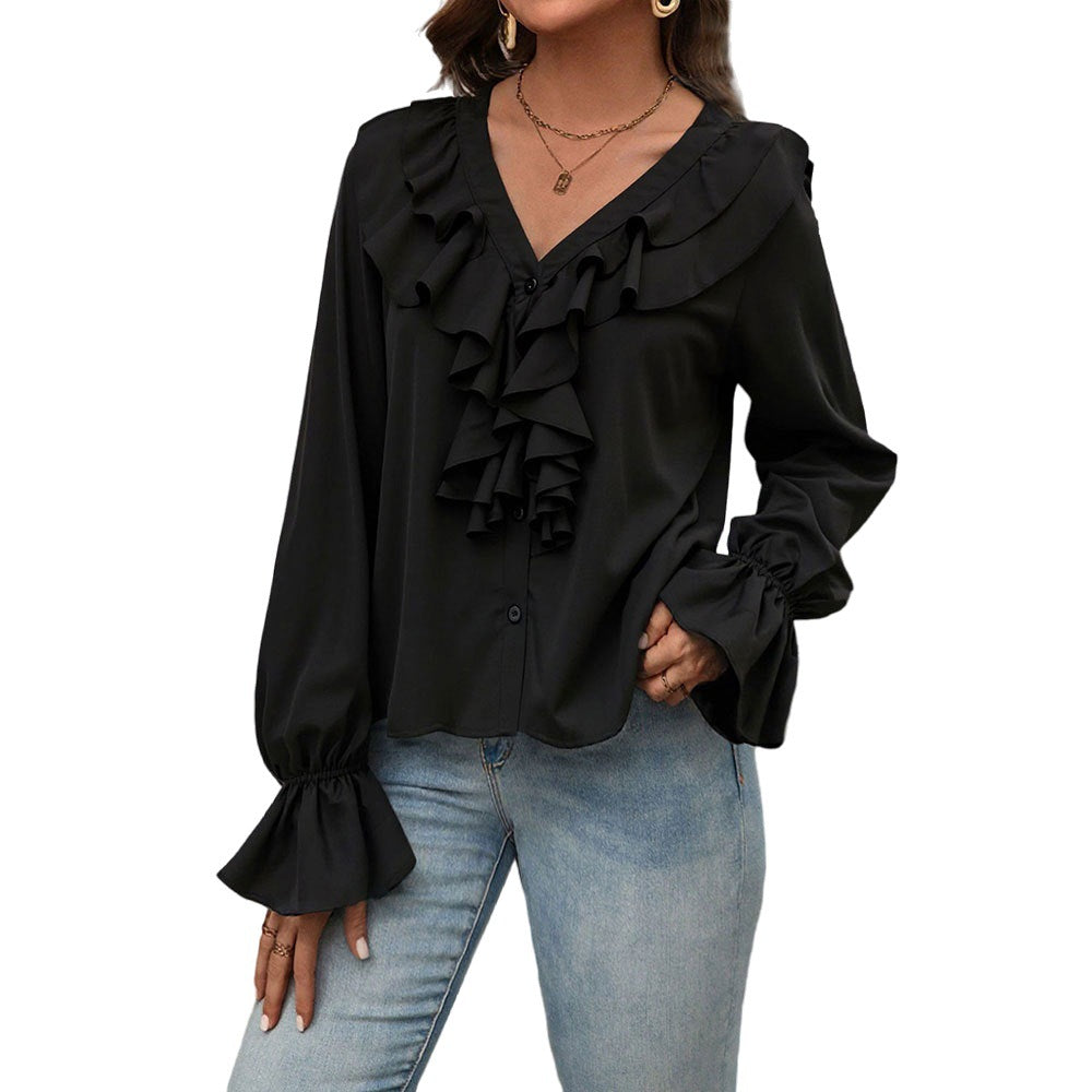 Women Clothing Autumn V neck Ruffled Elegant Shirt for Women