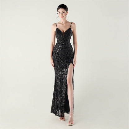 Bead Tube Sequin Spaghetti Strap High Slit Evening Dress Cross Tied Slim Fit Slimming Dinner Social Women
