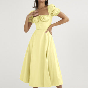 Summer French Dress Women Clothing Puff Sleeve Lace Up Slim Fit Dress