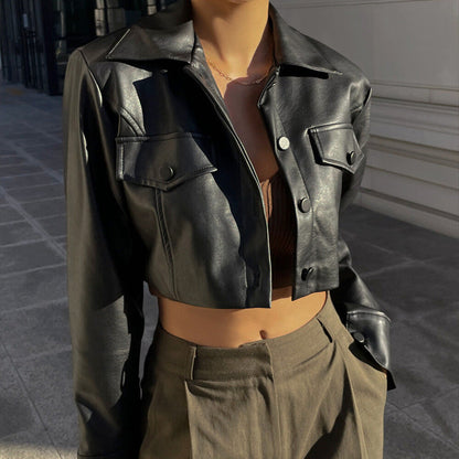 Street Sexy Fan Car Clothes Collared Breasted Leather Coat Women Autumn Sexy Cropped Fried Street Cropped Jacket