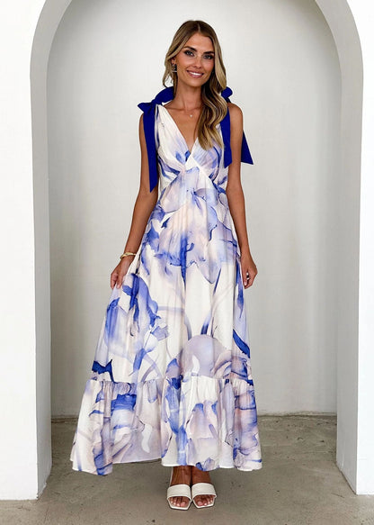 Summer Women Maxi Dress V neck Sleeveless Printed Dress