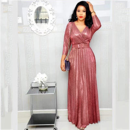 Winter African Women Wear Long Sleeve Bronzing Pleated Swing Dress with Belt Glittering Powder Fabric