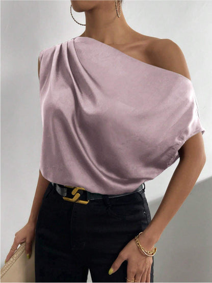 Spring Solid Color Satin Artificial Silk Irregular Asymmetric Shoulder off Shoulder Pullover Sleeveless Shirt Women Clothing