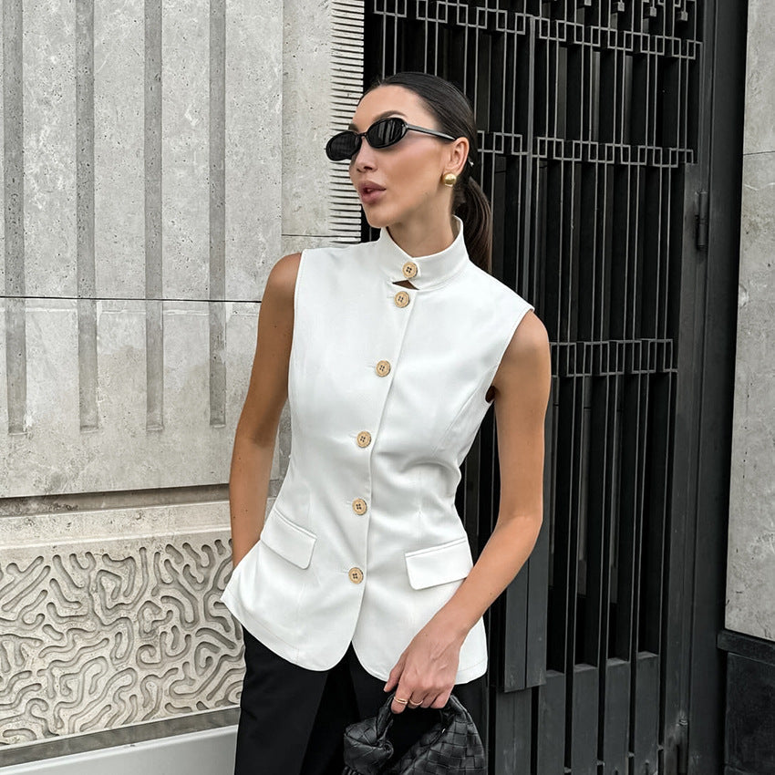 Fashionable Elegant Sleeveless Vest Top Spring Summer White Small Stand Collar Office Casual Shirt