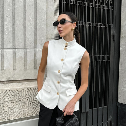 Fashionable Elegant Sleeveless Vest Top Spring Summer White Small Stand Collar Office Casual Shirt