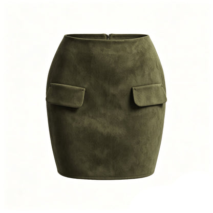 Autumn Winter Women Suede Double Pocket Skirt High Waist Package Hip Zipper Skirt