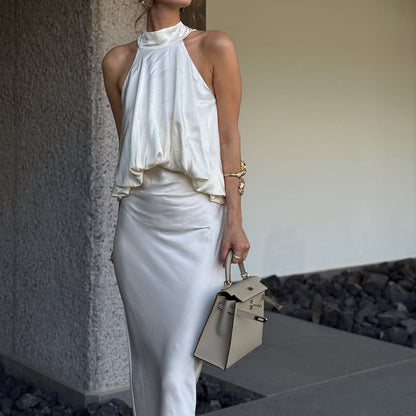 Satin Light Luxury Design Apricot Halter Lace up Backless Slim Fit Sleeveless Women Summer Dress