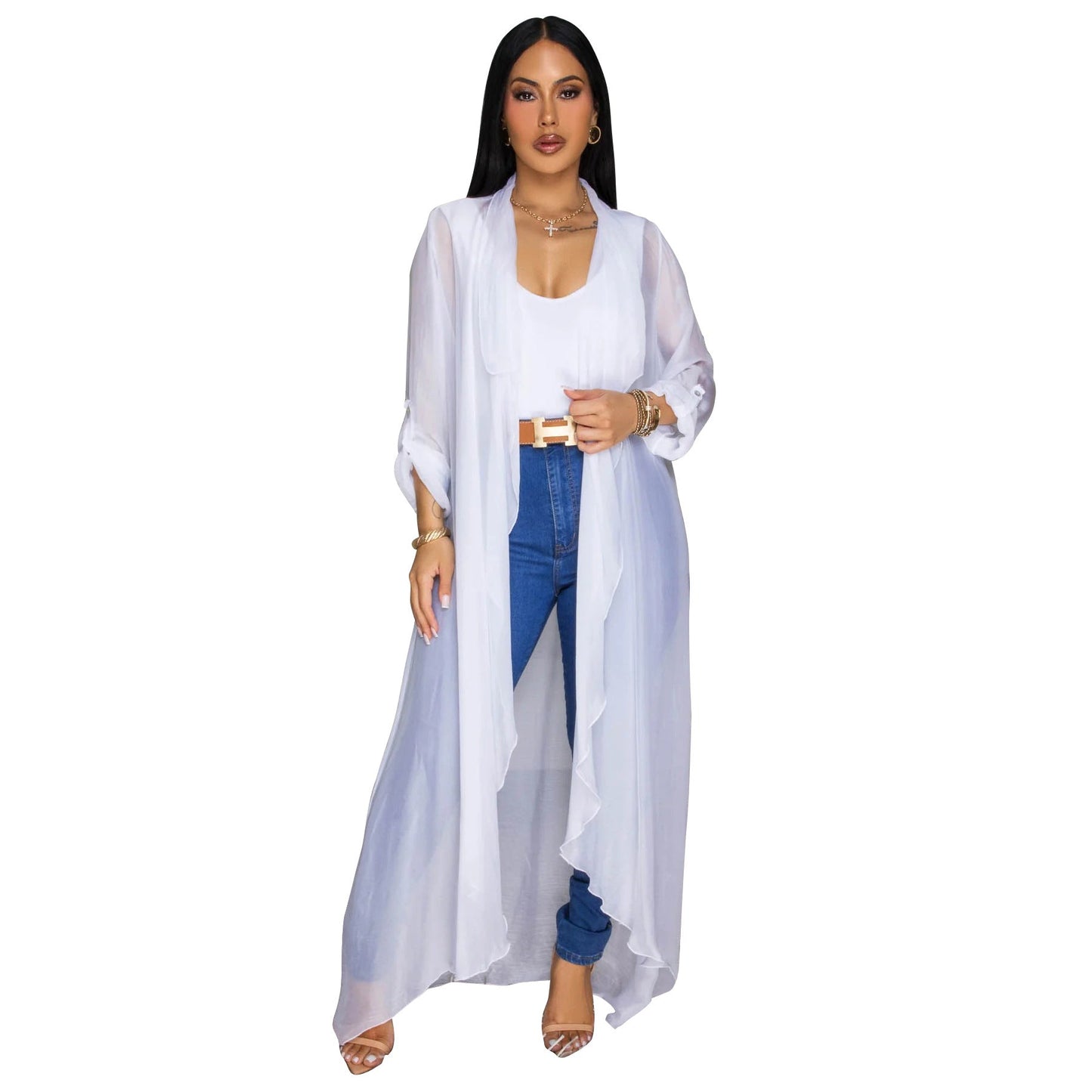 Europe Russia Women Casual Chiffon Shirt Long Cardigan Sunscreen Coat