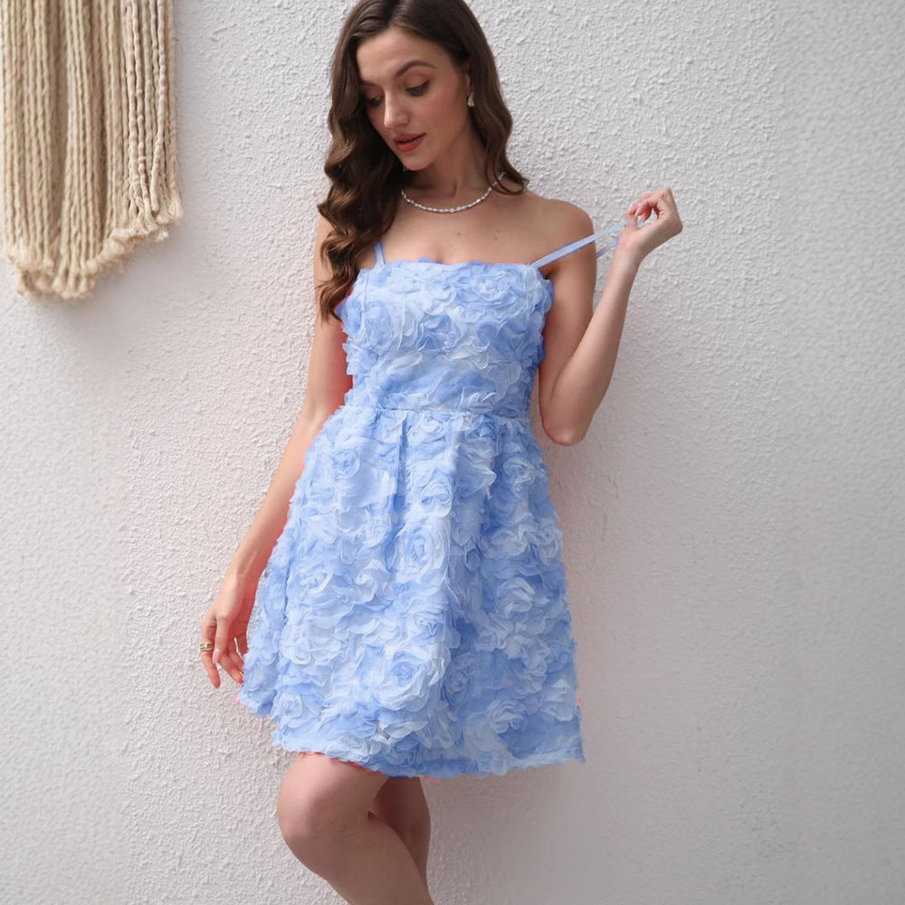 Summer Three Dimensional Rose Embroidered Sweet Elegance Suspender Strap Bow Dress for Women