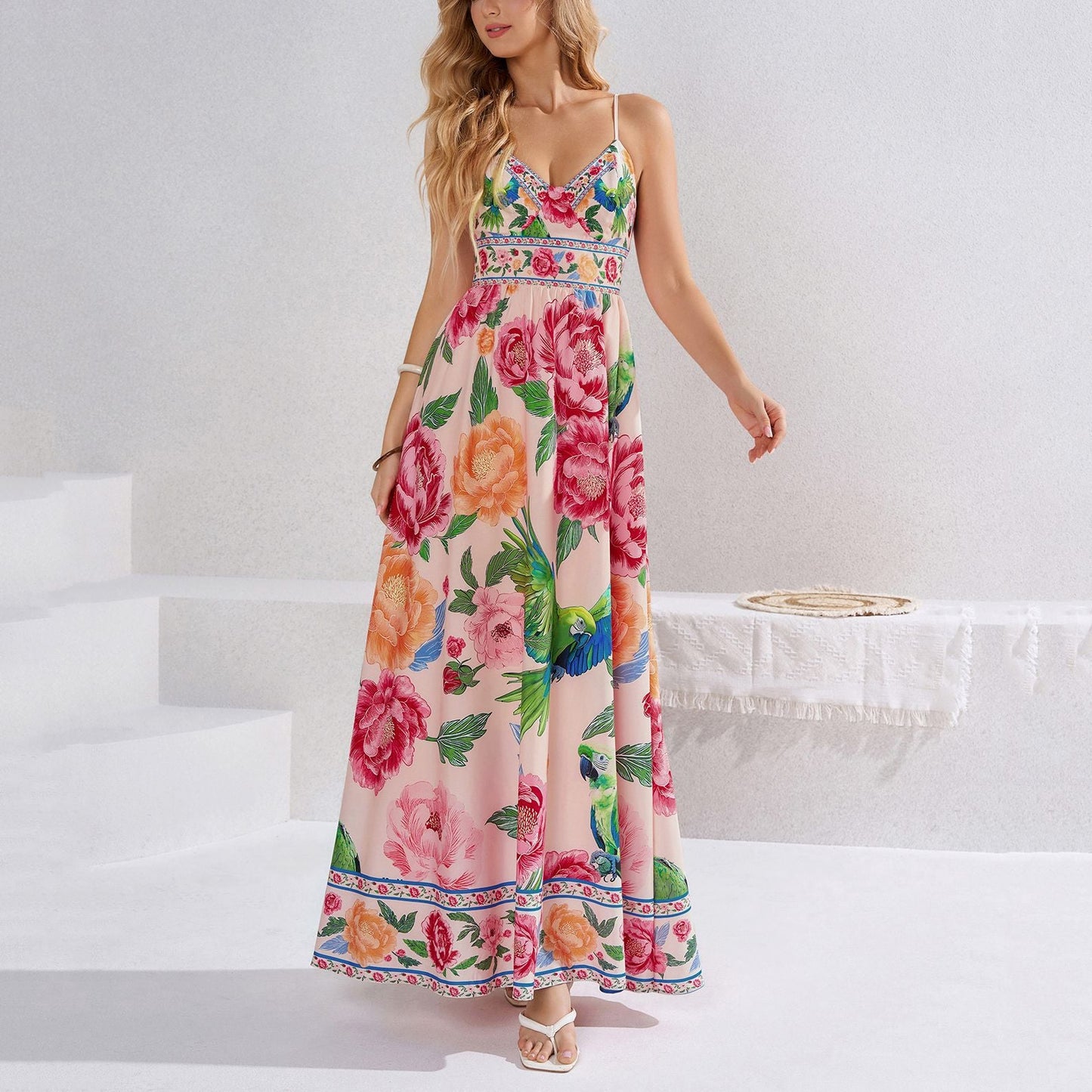 Summer Printing Slip Dress Sexy Vacation Backless Lace up Waist Slimming Maxi Dress