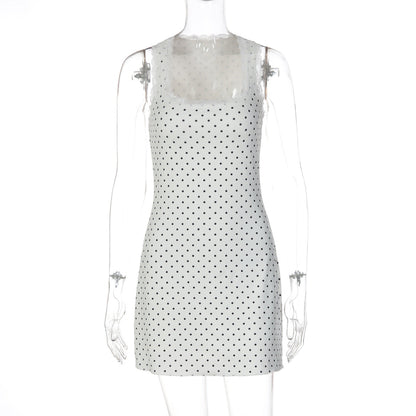 Polka Dot Lace Patchwork Dress Summer Sexy Short Sleeveless Slim Fit Bodycon Dress