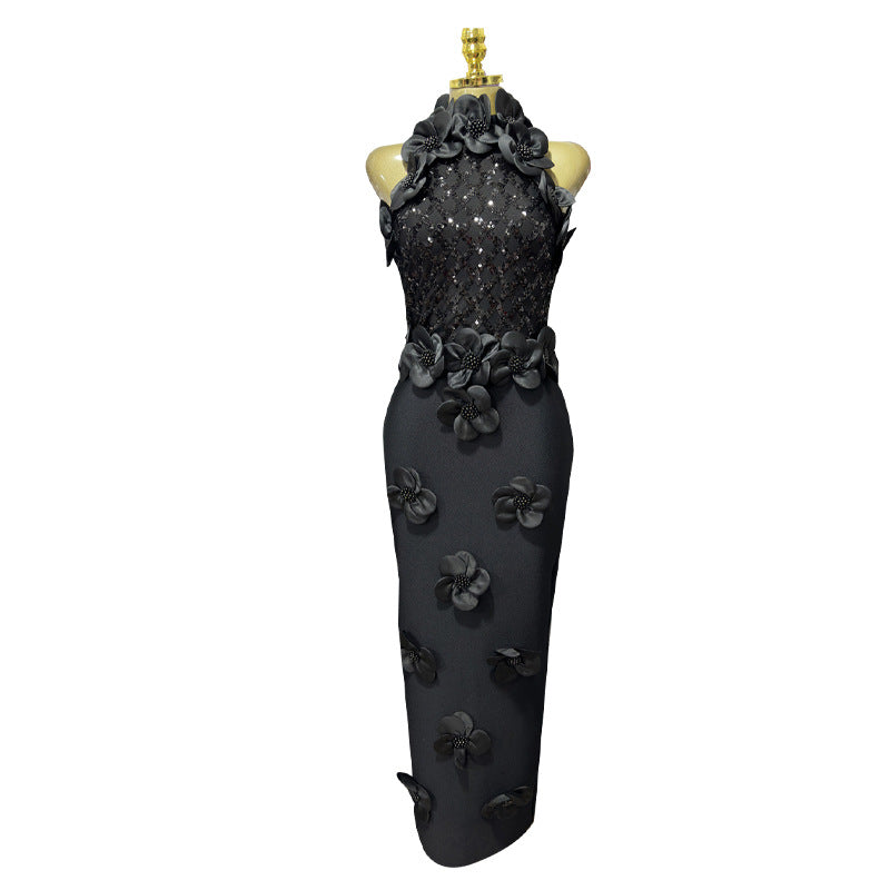 Summer High Grade Sleeveless Sheath Dress Three Dimensional Floral Beaded Slim Slimming Sheath Dress Women