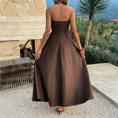 Spring Summer Woven Tube Top Solid Color Retro Holiday Casual Dress