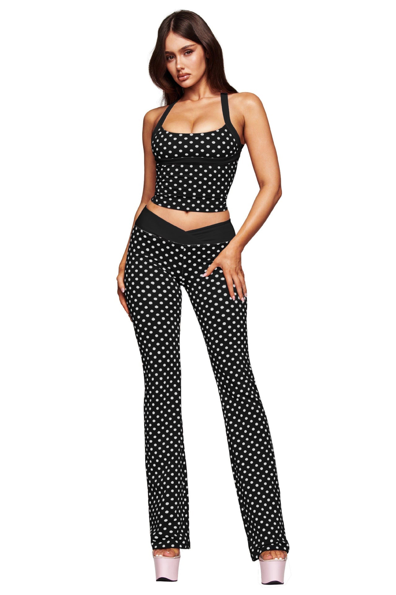 Halter Polka Dot Vest Pants Bell Bottom Pants Backless Bra Fitness Clothes Sportswear Yoga Set