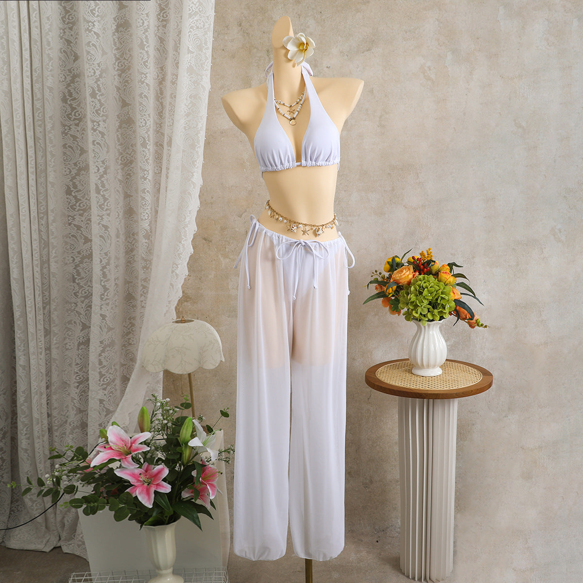 Sexy Beach Vacation Solid Color Three Piece Swimsuit Trousers Swimsuit Bikini