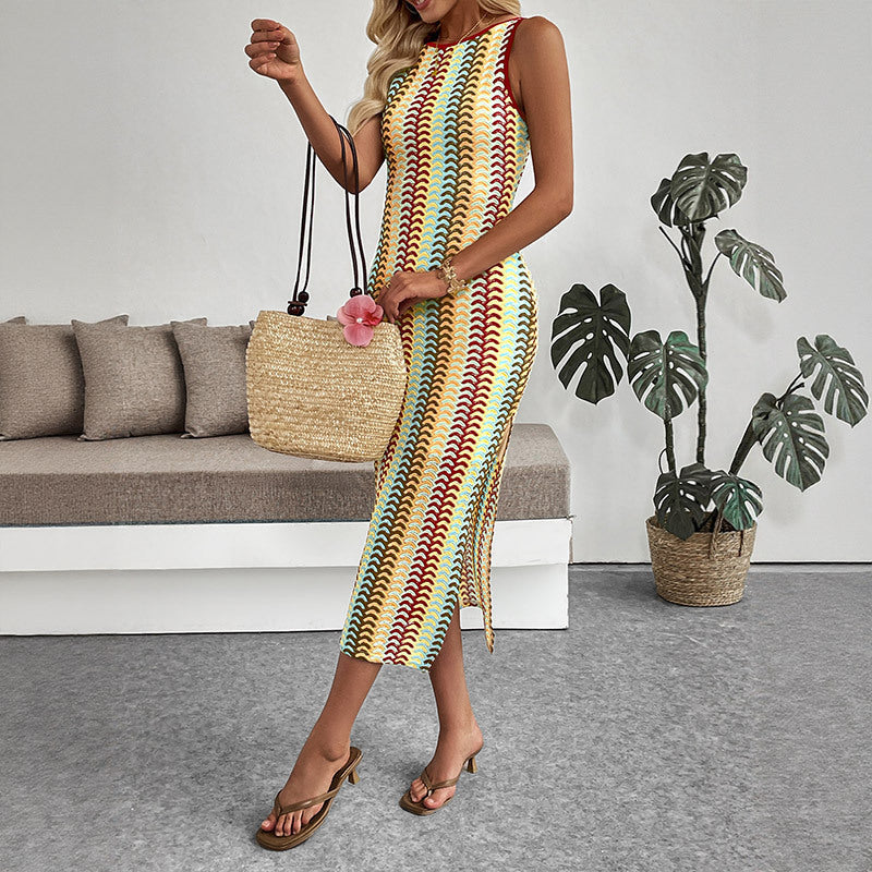 Ethnic Vacation round Neck Striped Contrast Color Sleeveless Sheath Dress