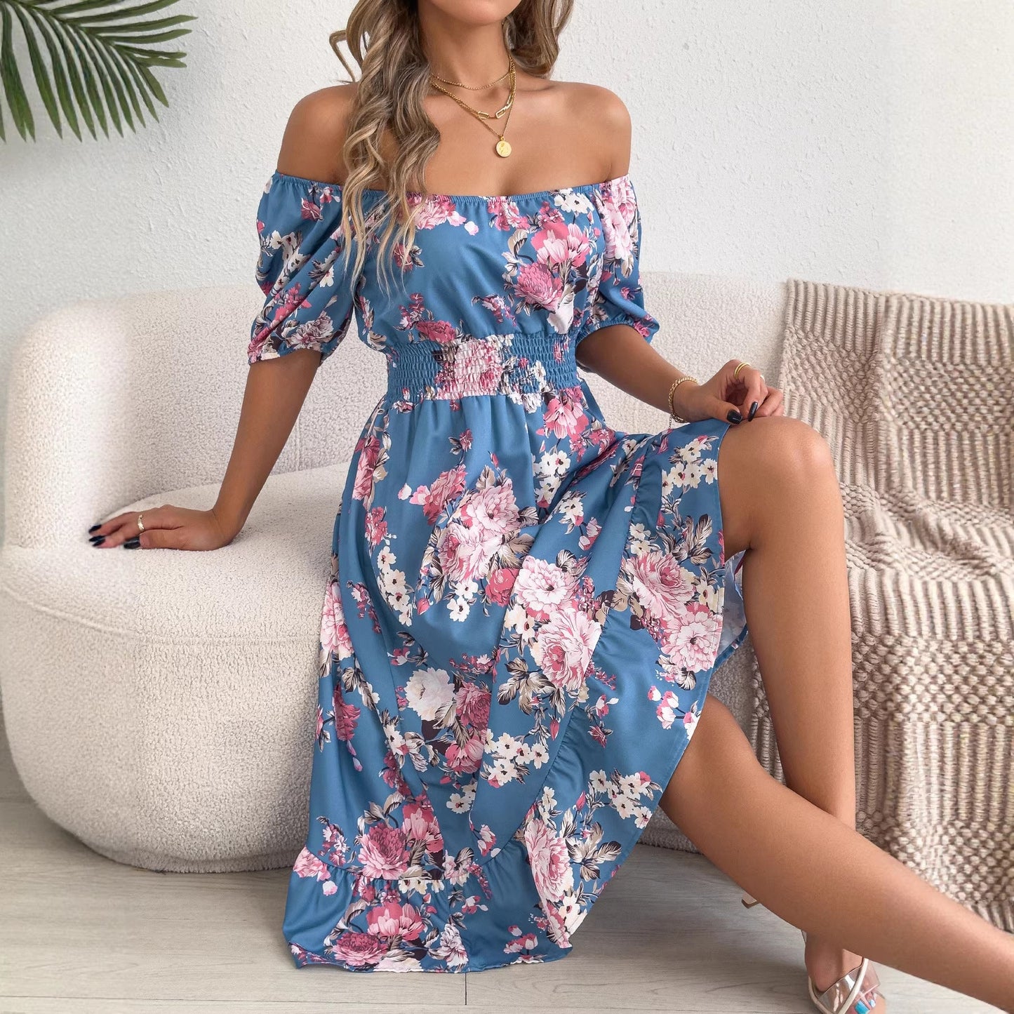 Spring Summer Floral Off Shoulder Short-Sleeved Ruffle A Line Holiday Dress