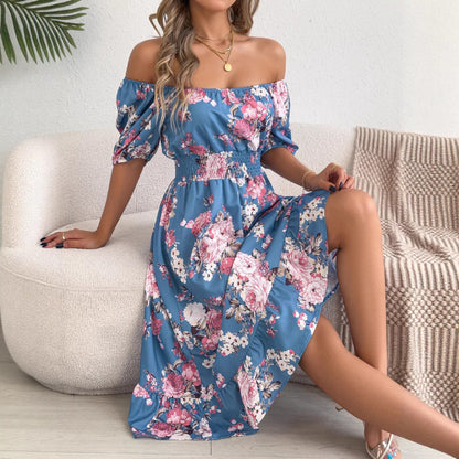 Spring Summer Floral Off Shoulder Short-Sleeved Ruffle A Line Holiday Dress