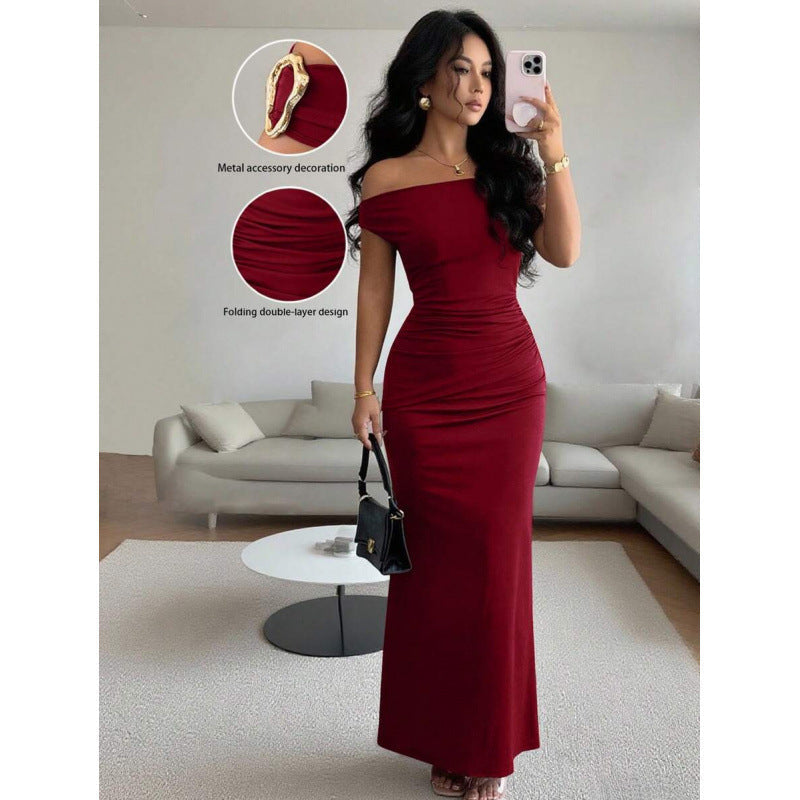 Summer Elegant Pleated Slim Slimming Boat Neck Dress