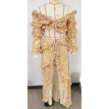 Chiffon Long Sleeve Split Beach Skirt Vintage Floral Split Skirt Sets Seaside Vacation