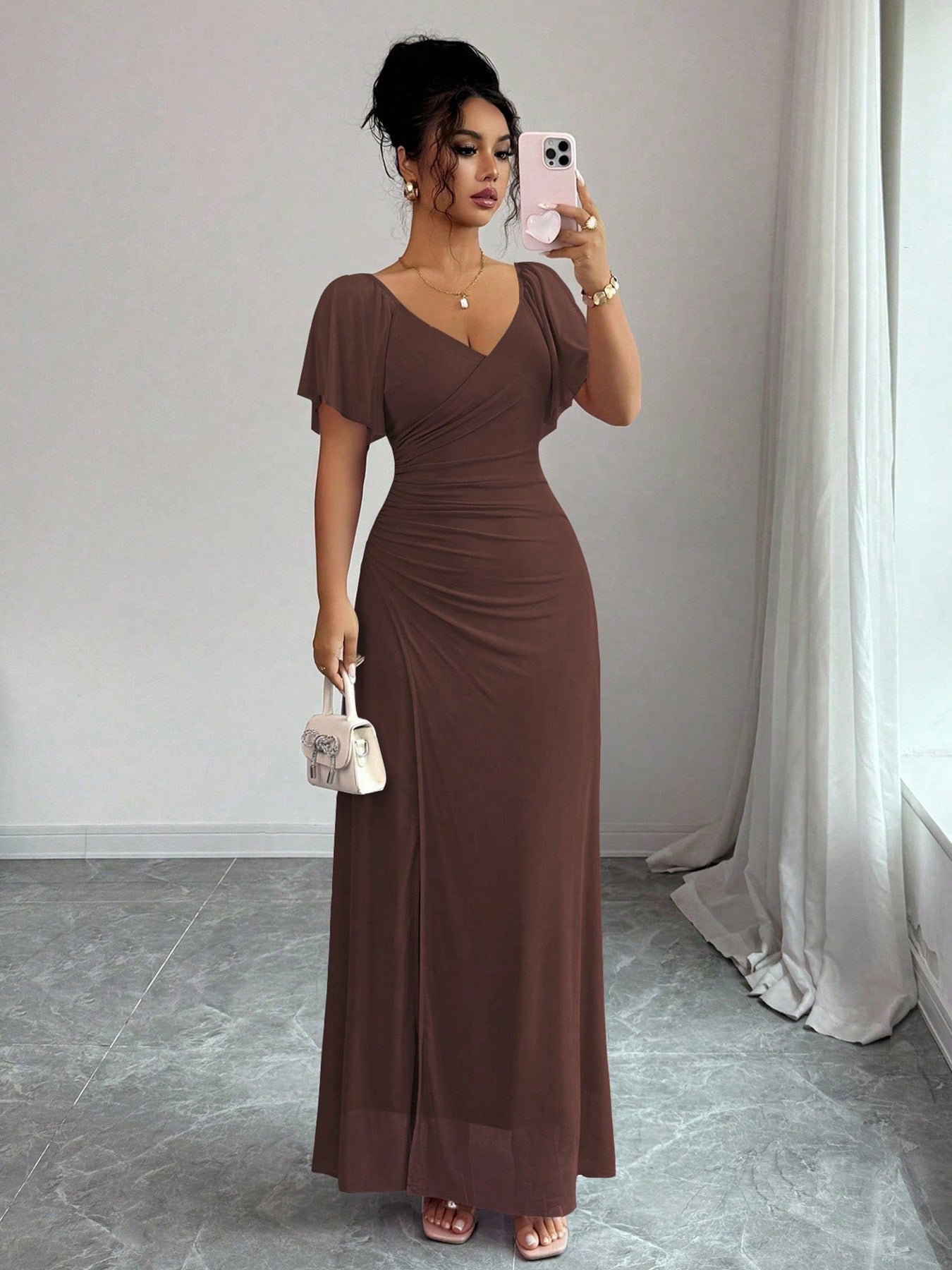 Women Elastic Net V Neck Patchwork Flying Sleeves Slit Evening Dress
