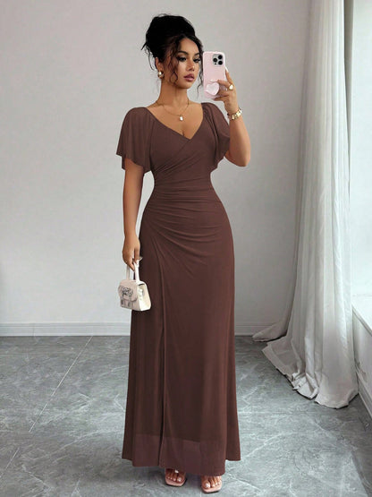 Women Elastic Net V Neck Patchwork Flying Sleeves Slit Evening Dress